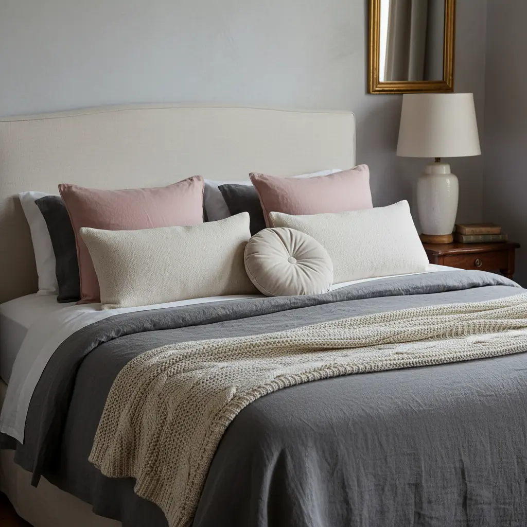 Chambre cocooning avec linge de lit en lin lavé, coussins moelleux et éclairage tamisé