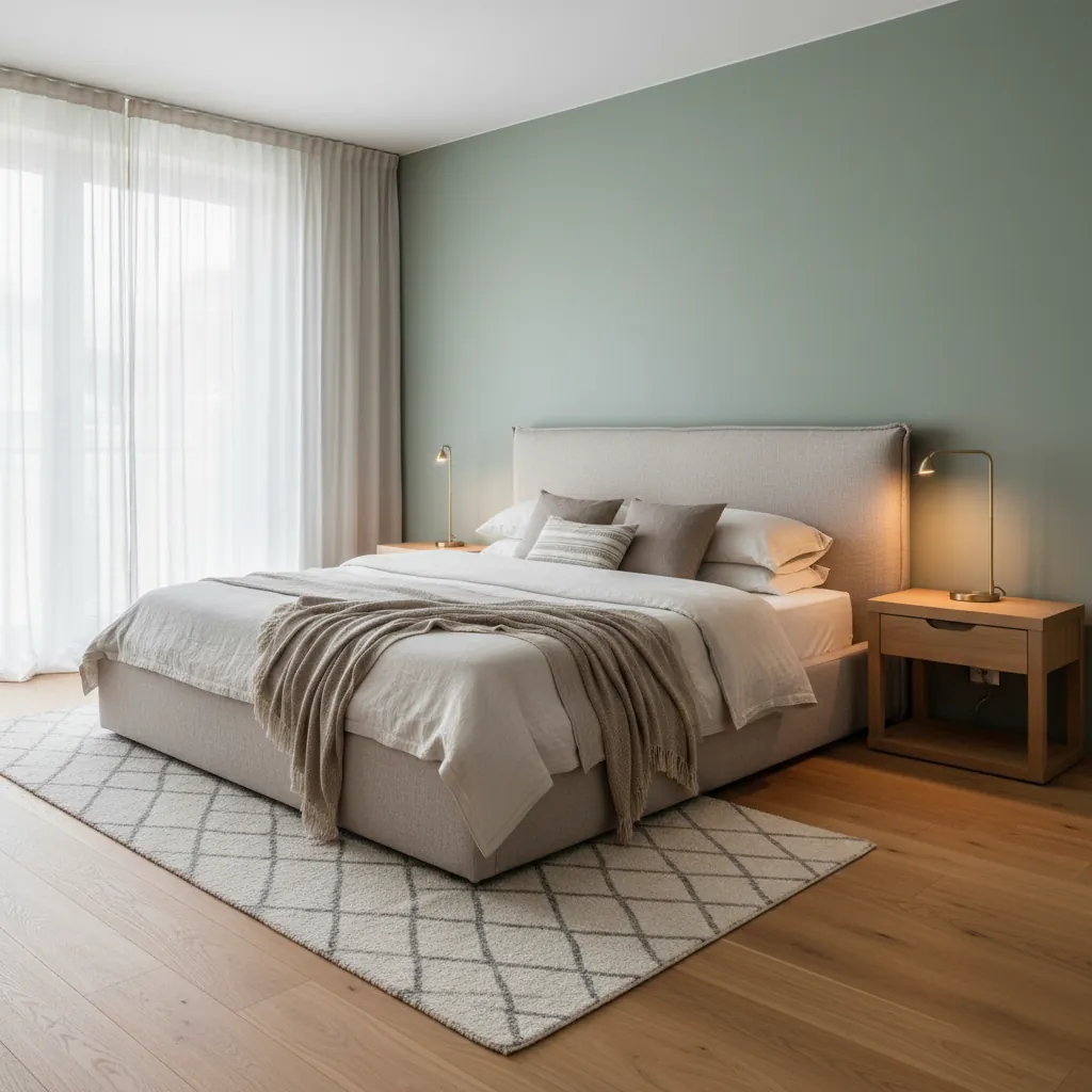 Chambre moderne avec tête de lit en lin beige, literie crème et taupe, table de chevet en bois, lampe en laiton et rideaux voilage