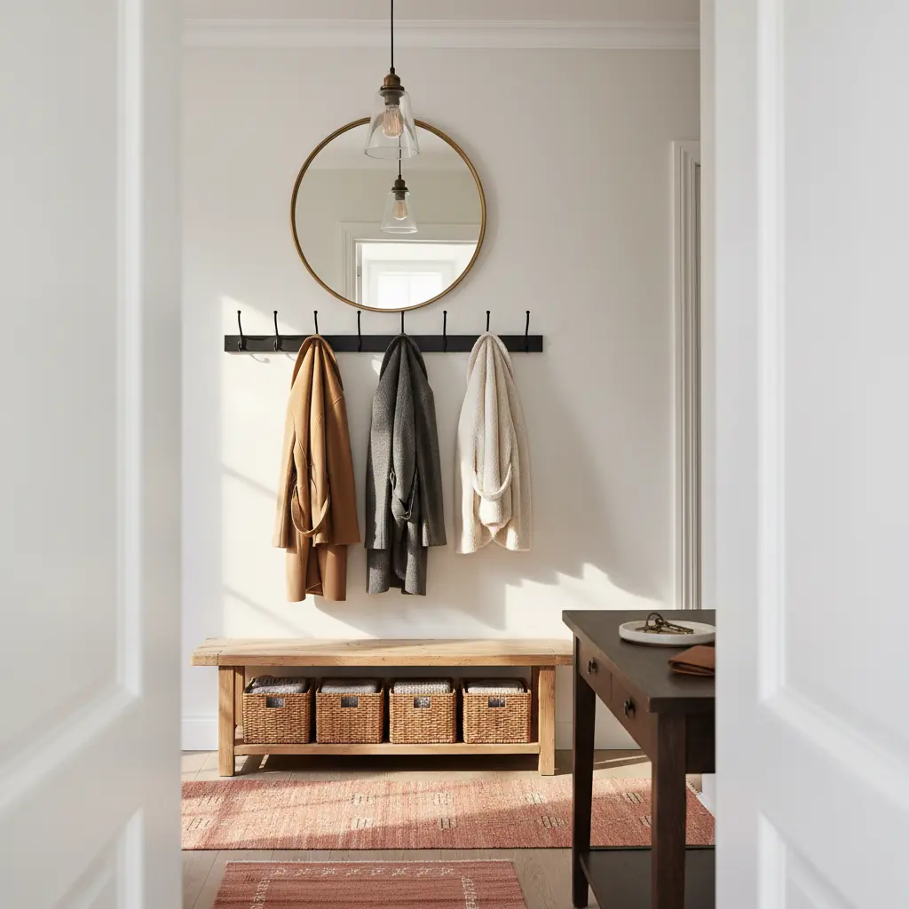 Entrée aménagée avec un banc en bois, des patères murales, un miroir rond et un tapis graphique