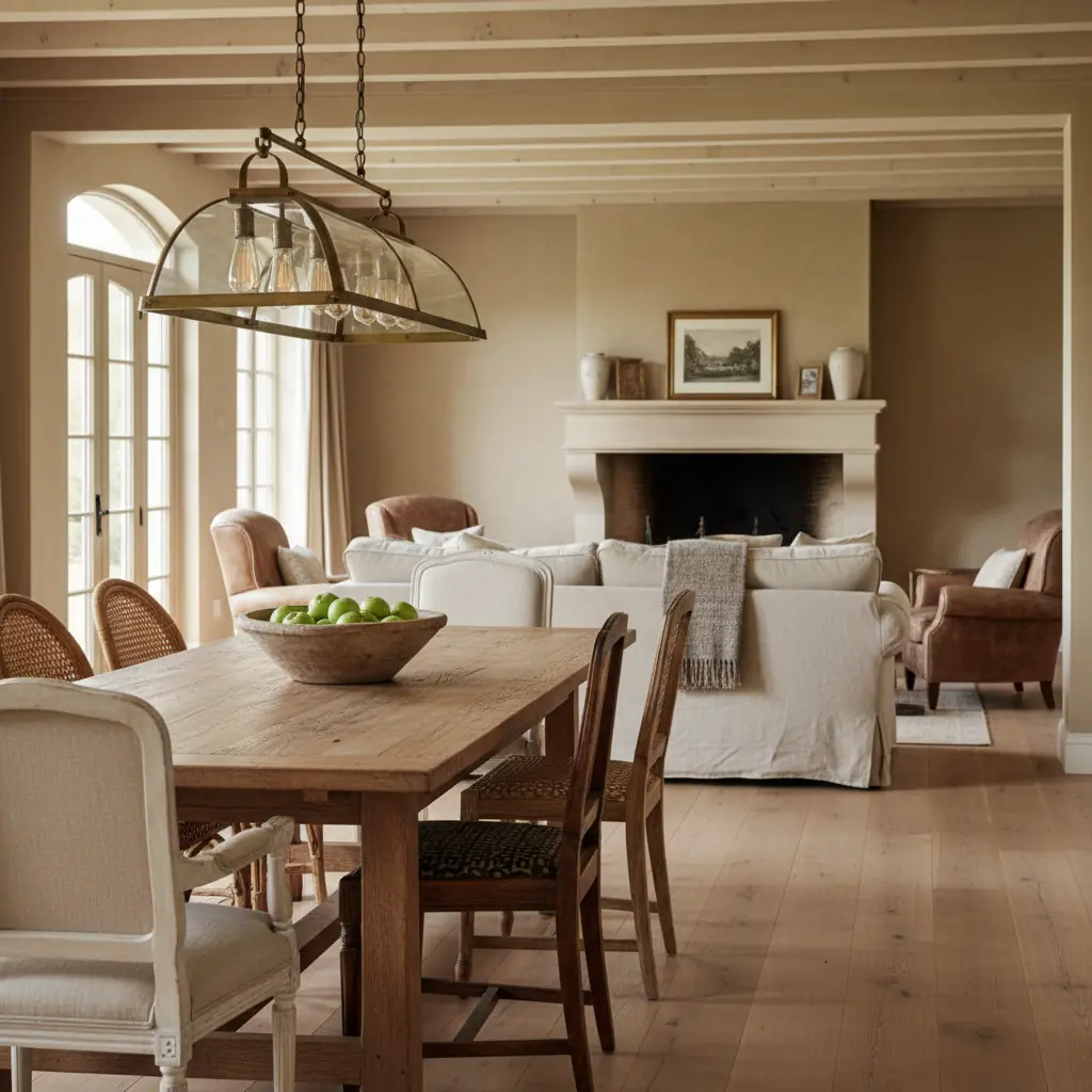 Salle à manger ouverte sur le salon avec table en bois, chaises dépareillées et suspension design