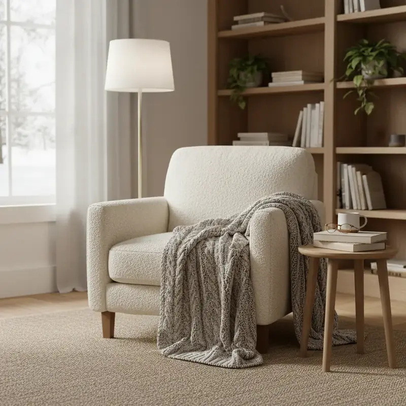 Fauteuil en tissu bouclette écru dans un coin lecture avec plaid en laine