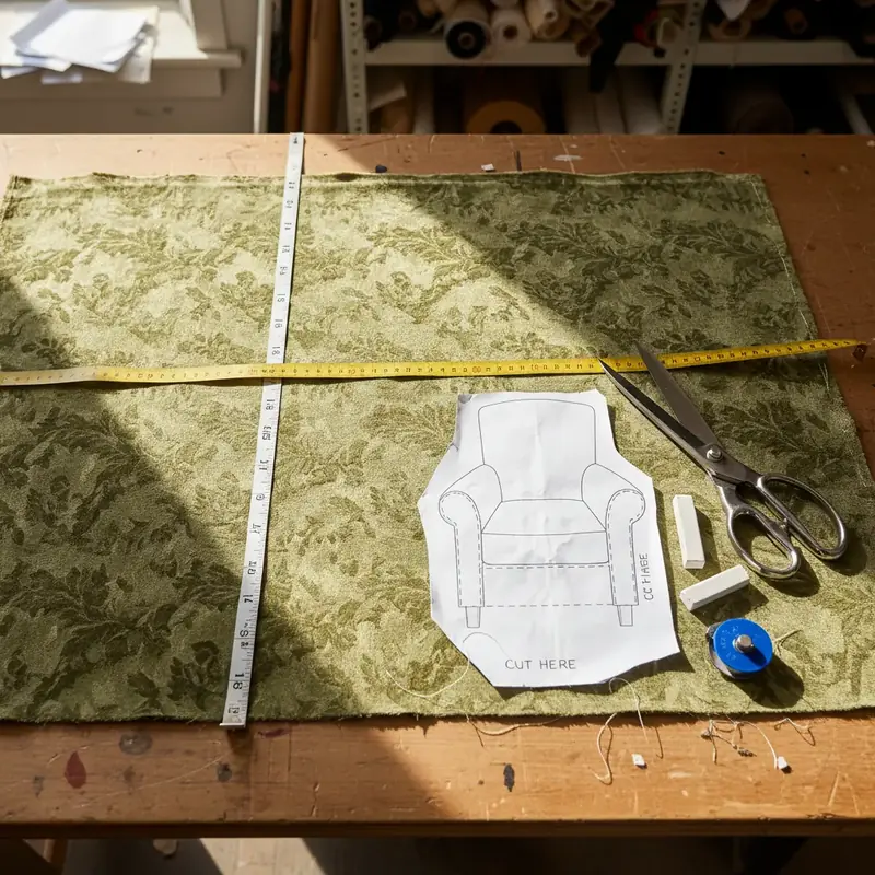 Mètre ruban posé sur un tissu d'ameublement avec un patron de découpe et des ciseaux