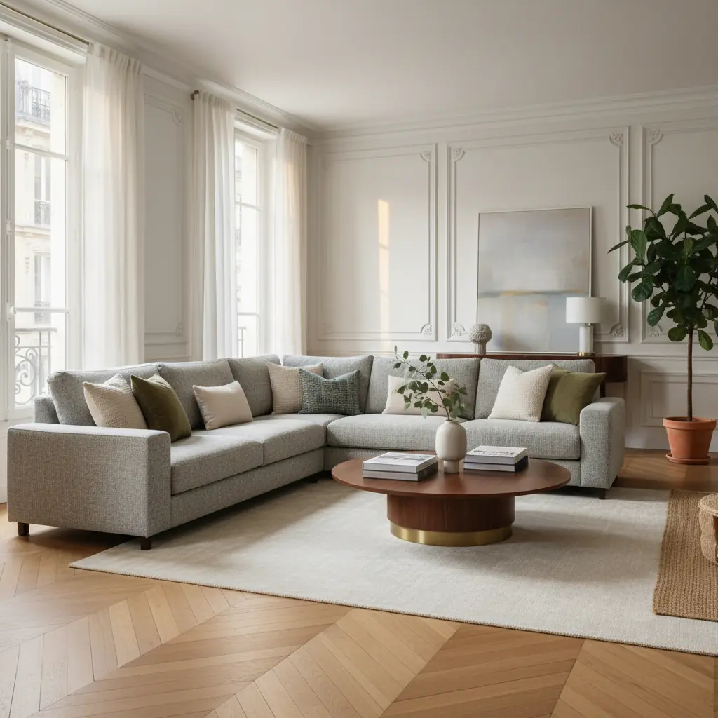 Grand canapé d'angle en tissu gris clair installé dans un salon lumineux avec décoration contemporaine