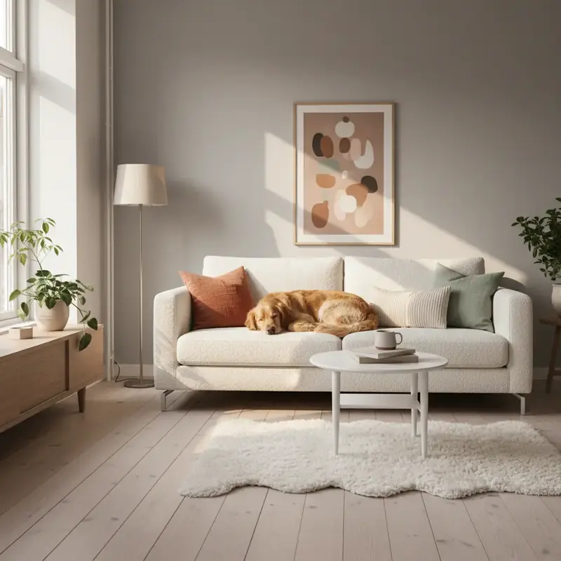 Canapé en tissu bouclette blanc crème dans un salon cosy avec un chien allongé à côté