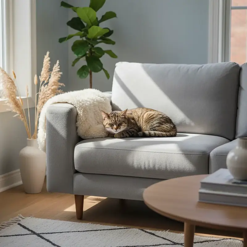 Chat tigré couché sur un canapé en microfibre grise dans un salon lumineux
