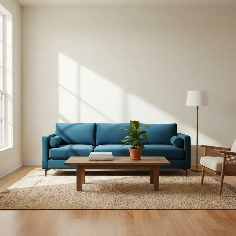 Canapé recouvert de velours bleu nuit dans un salon lumineux avec coussins décoratifs