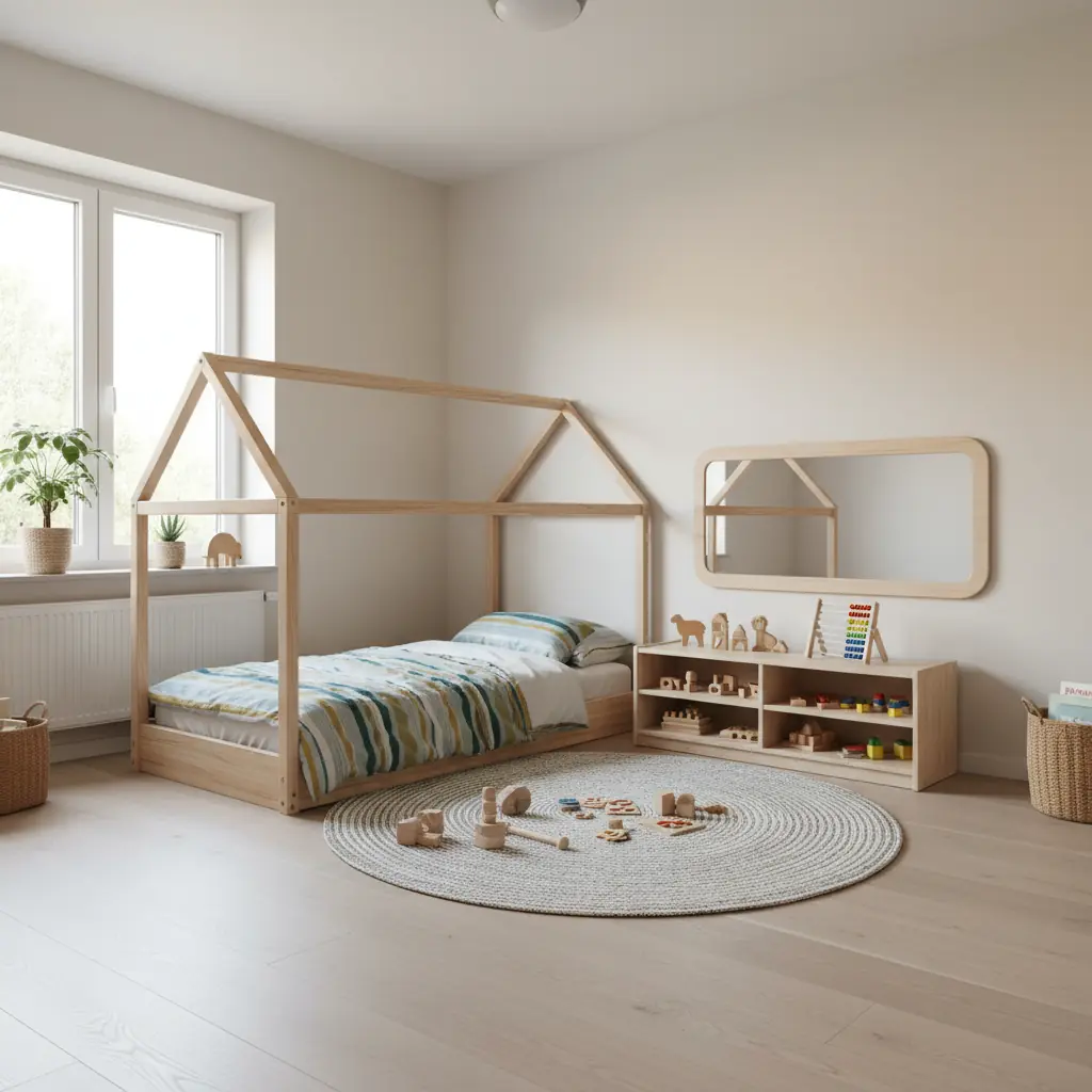 Chambre Montessori avec lit au sol en bois naturel, étagère basse et tapis de jeu dans une pièce lumineuse