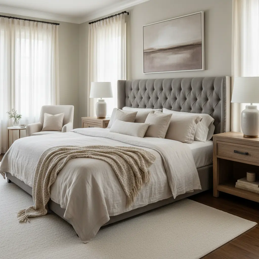 Chambre parentale aux tons neutres avec linge de lit en lin, rideaux en lin et bois naturel