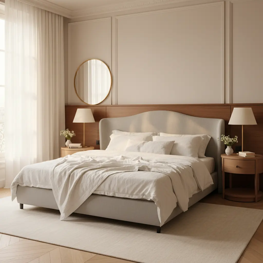 Chambre adulte lumineuse avec un lit en bois massif habillé de linge de lit en lin naturel