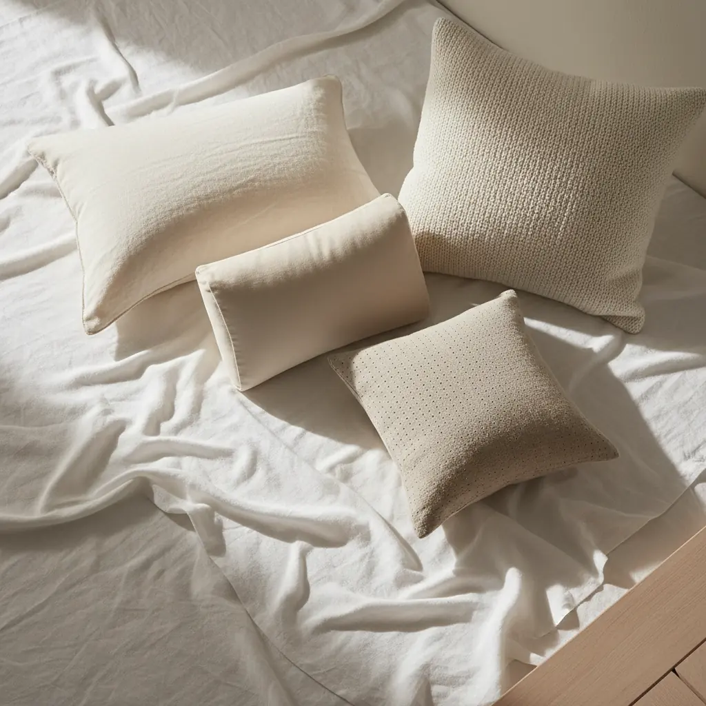 Différents types d'oreillers disposés sur un lit en lin blanc : mémoire de forme, duvet et synthétique