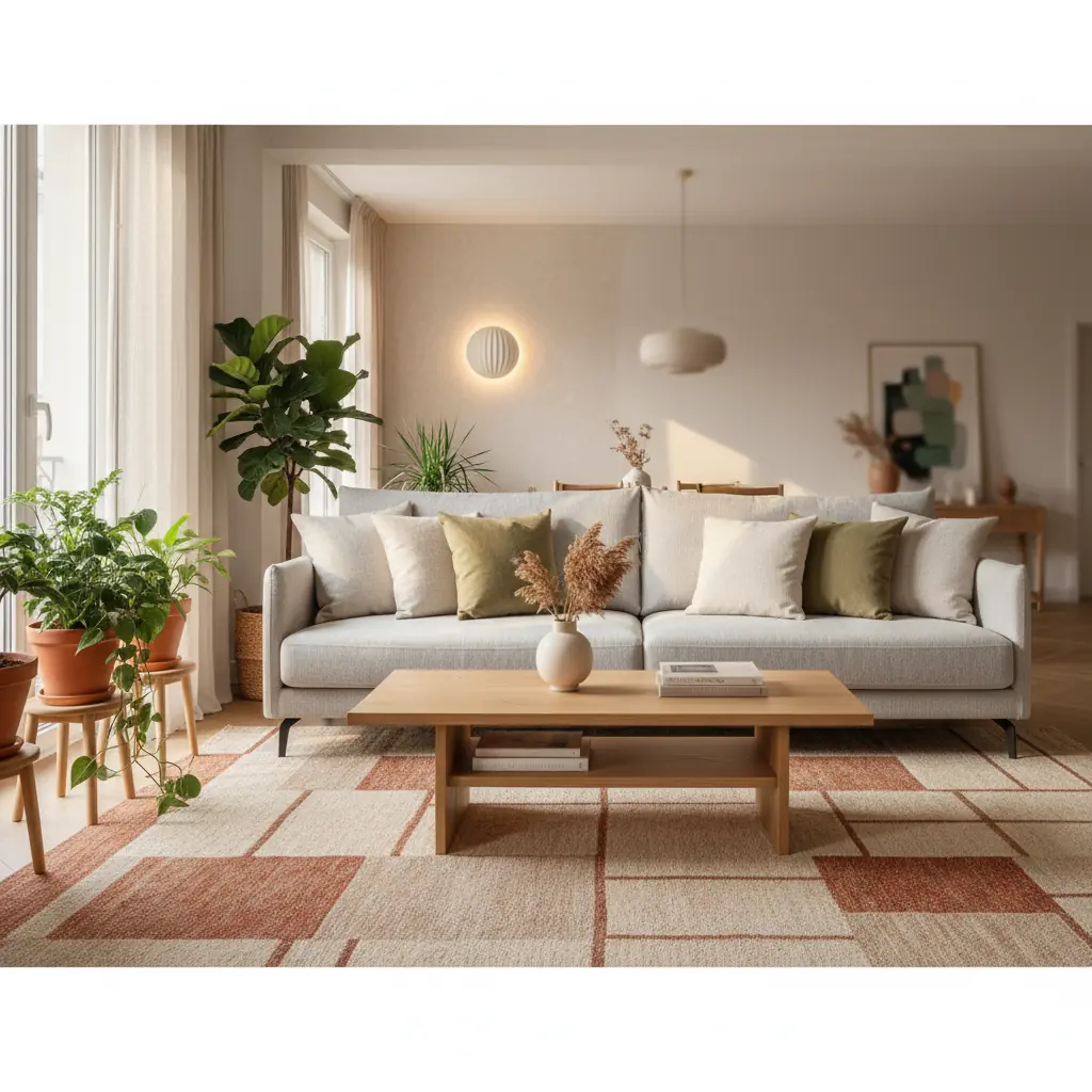 Grand salon lumineux avec un tapis berbère crème posé sous un canapé gris, table basse en bois et plantes vertes