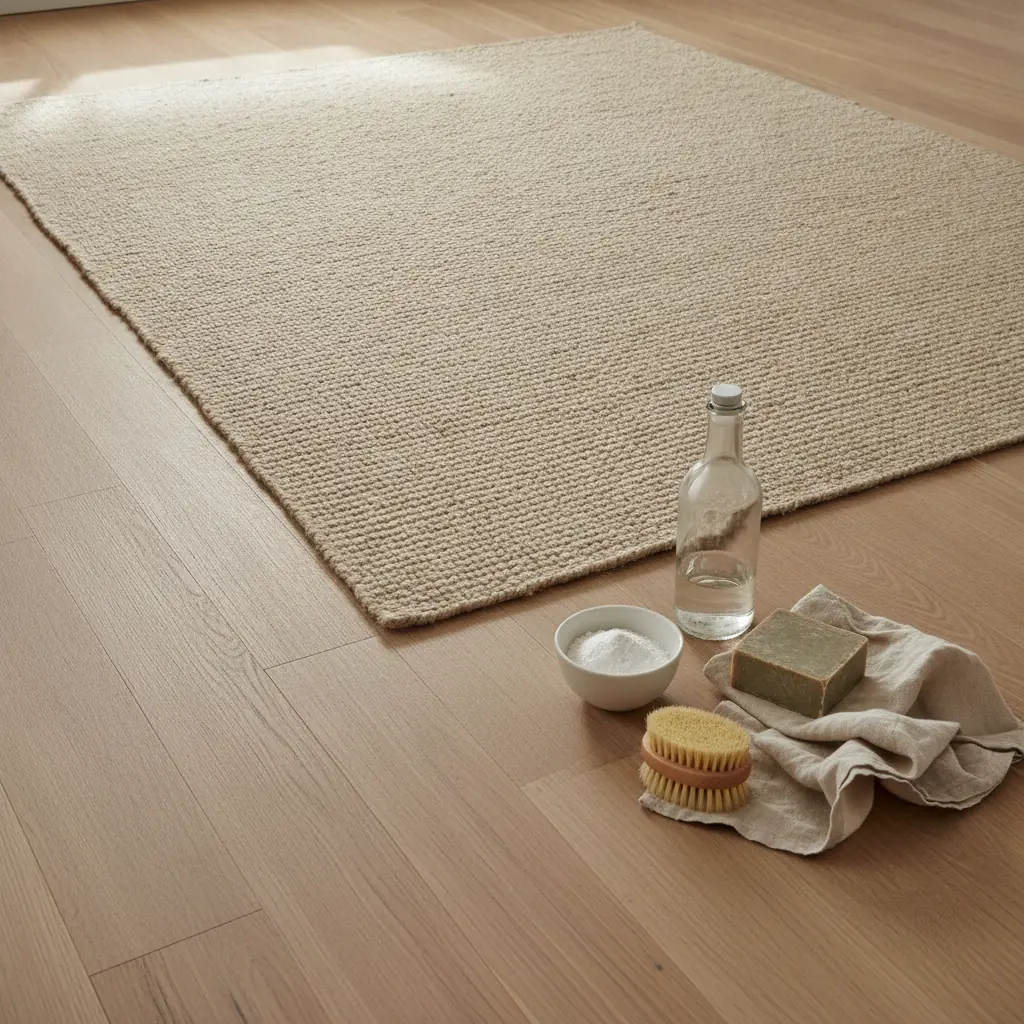 Tapis en laine naturelle beige sur parquet, avec produits d'entretien naturels (vinaigre blanc, bicarbonate, savon de Marseille) posés à côté