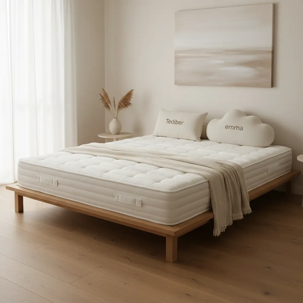Chambre moderne lumineuse avec matelas blanc sur cadre de lit en bois, décor minimaliste