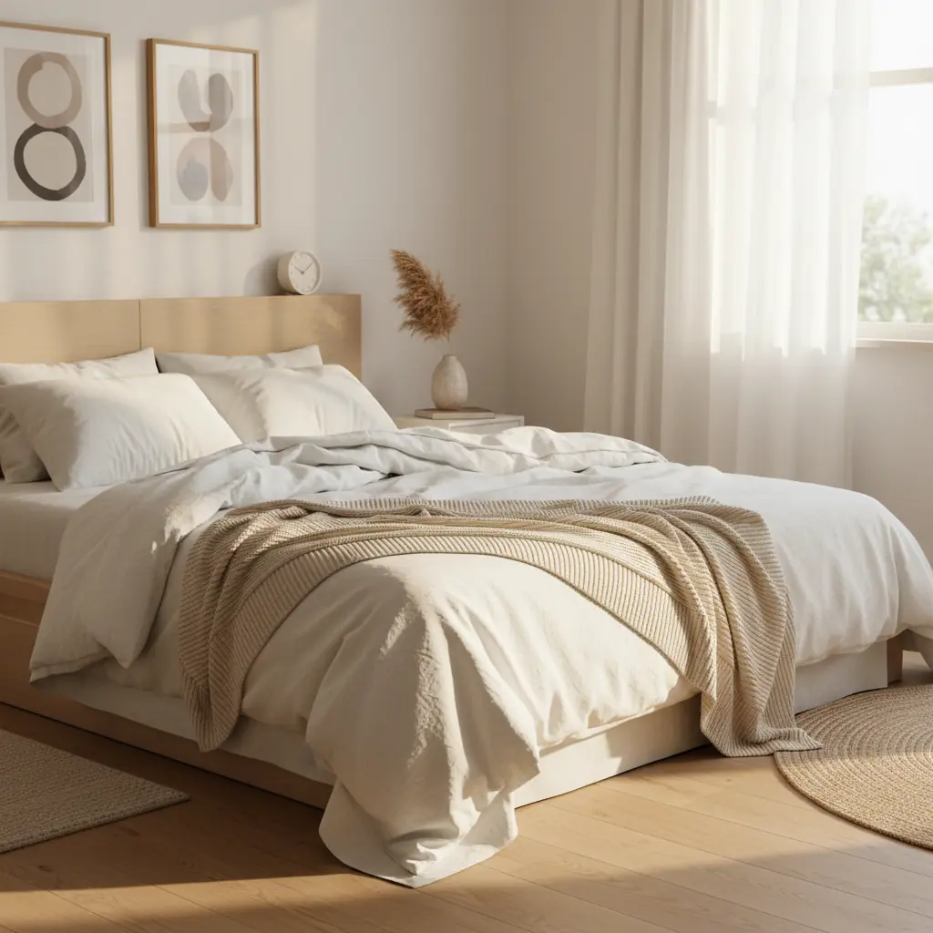 Couette moelleuse en duvet posée sur un lit avec draps en lin dans une chambre lumineuse