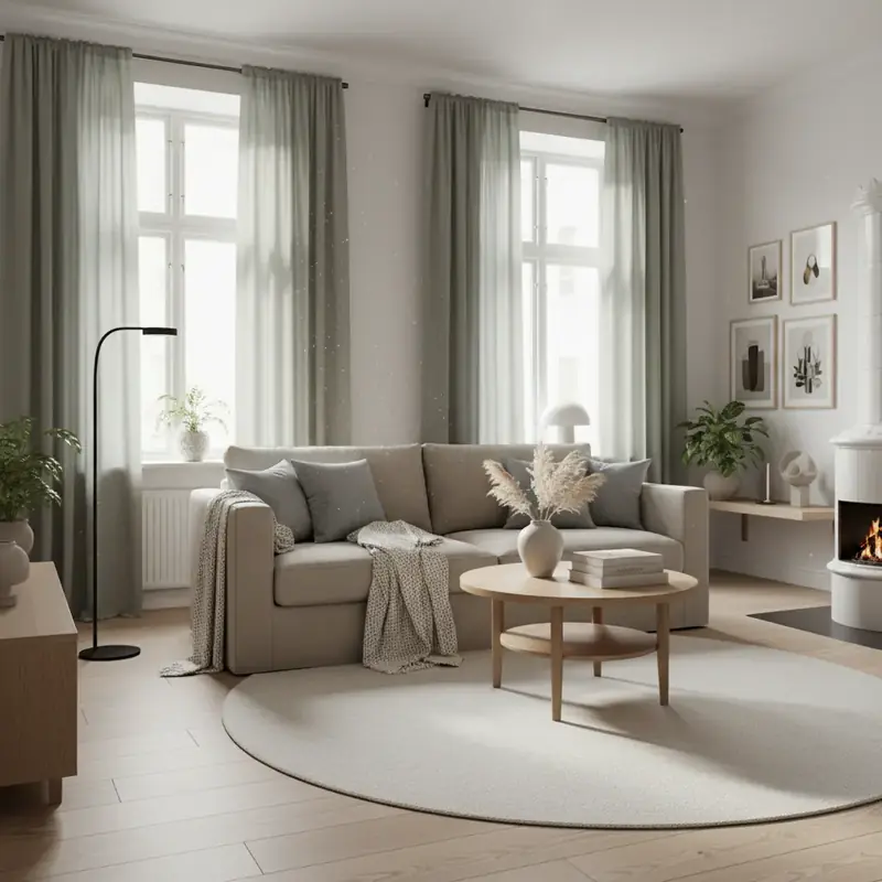 Salon lumineux avec des rideaux en lin vert sauge encadrant une grande fenêtre