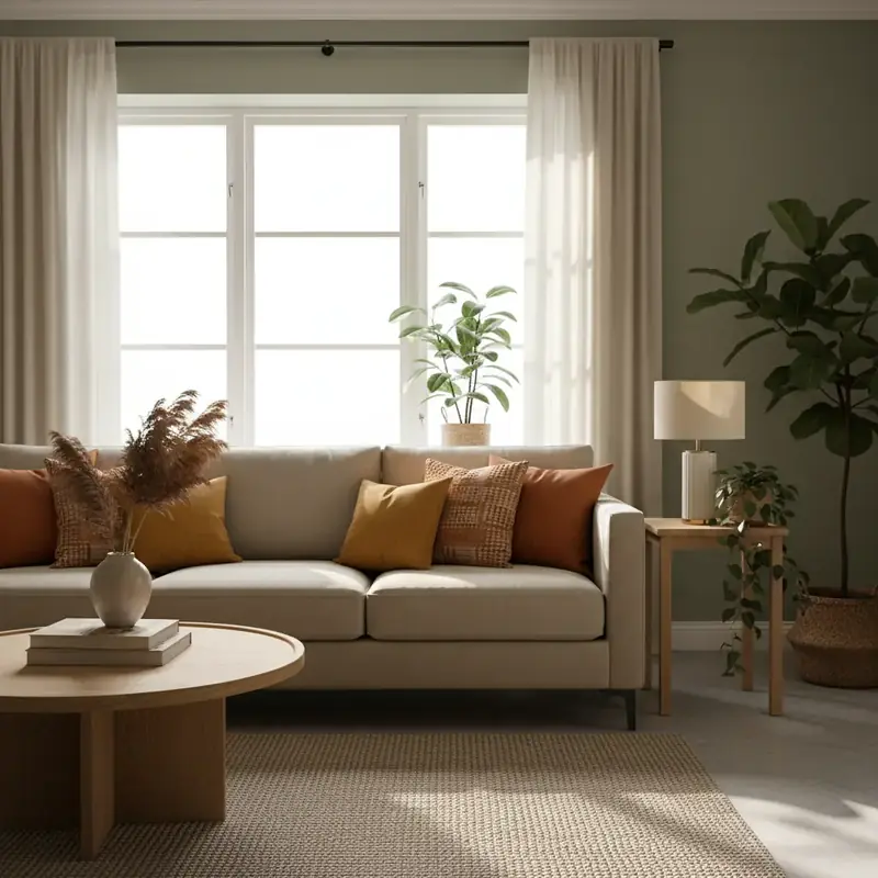 Salon lumineux aux murs peints en vert sauge avec canapé beige et coussins colorés