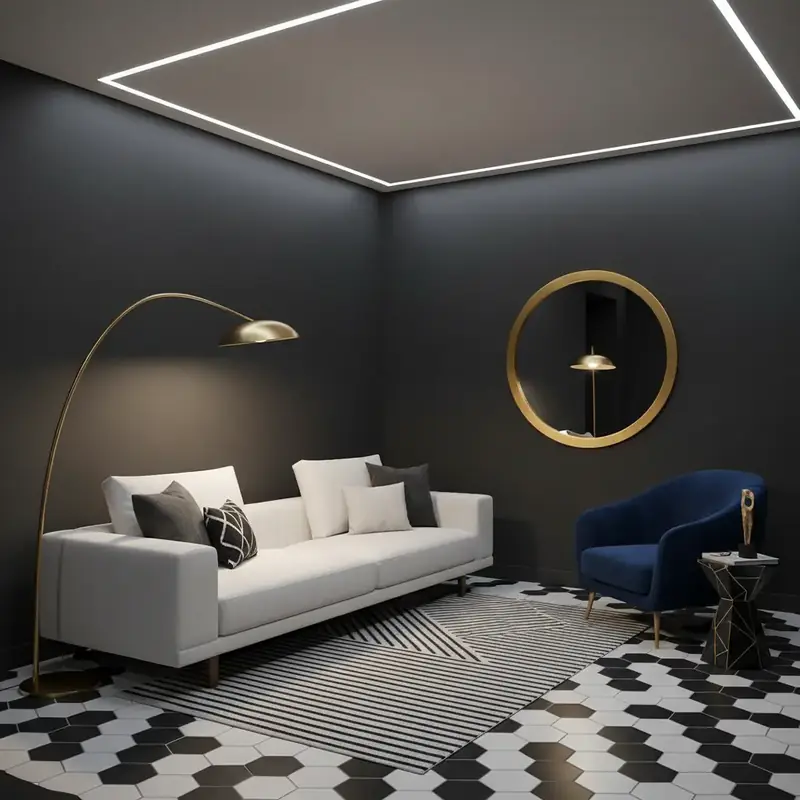 Salon moderne avec contrastes graphiques noir et blanc, touches de bleu nuit et accents métalliques dorés