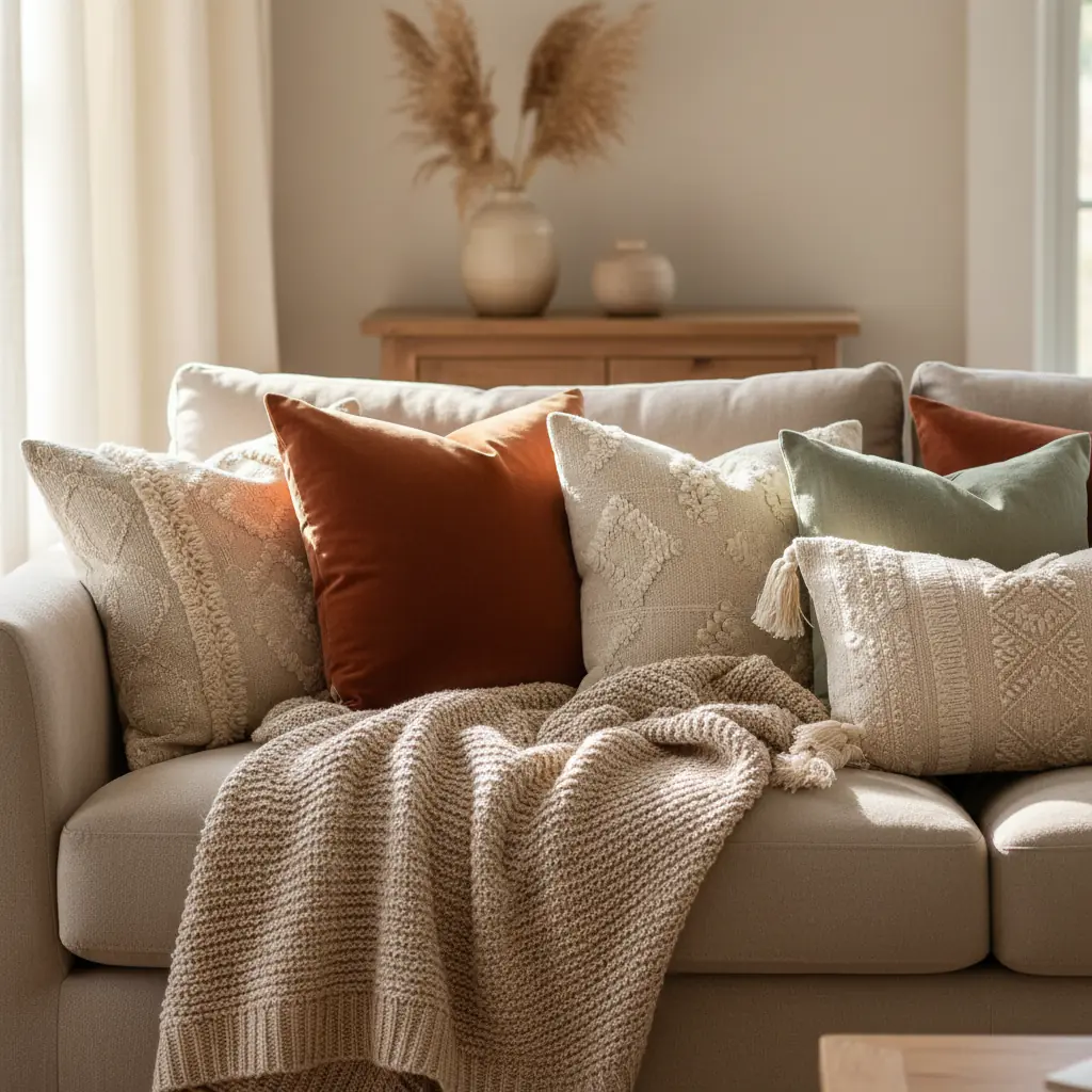 Canapé gris agrémenté de coussins dépareillés en velours, lin et laine bouclée dans des tons naturels