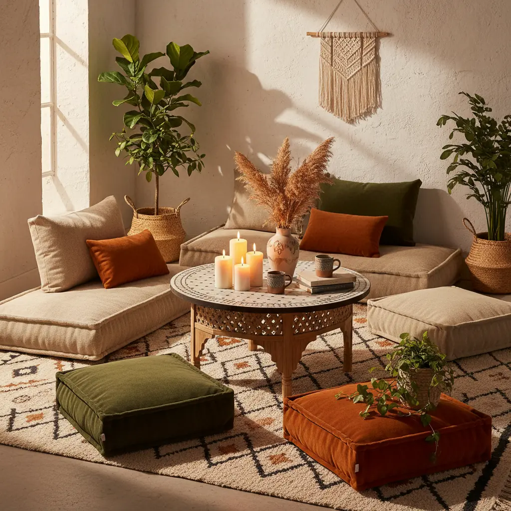 Grands coussins de sol en lin et coton disposés autour d'une table basse dans un salon bohème