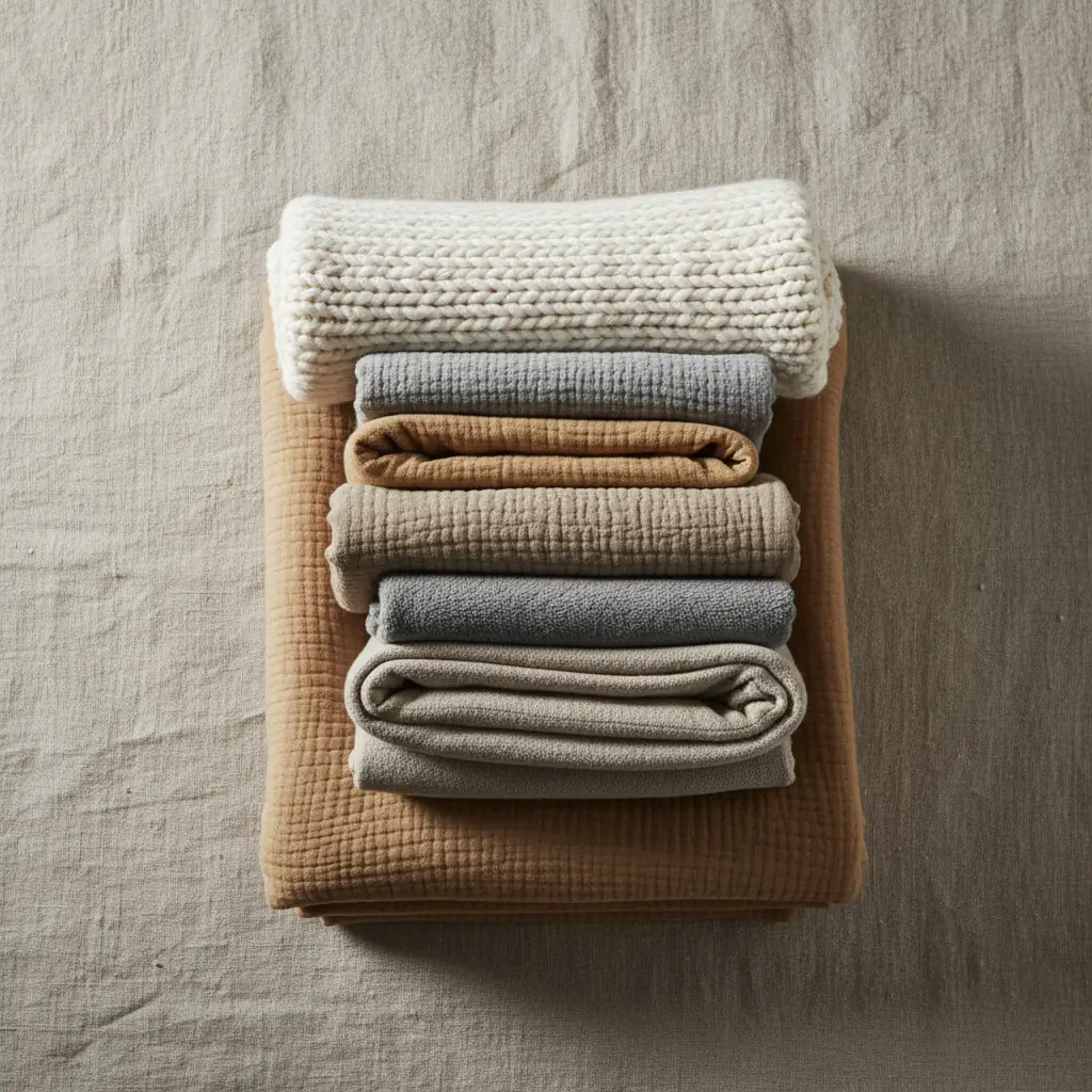 Couverture en laine mérinos beige pliée au pied d'un lit avec oreillers en lin