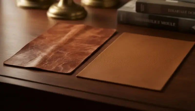 Comparaison entre cuir véritable avec sa patine naturelle et simili cuir à la surface uniforme