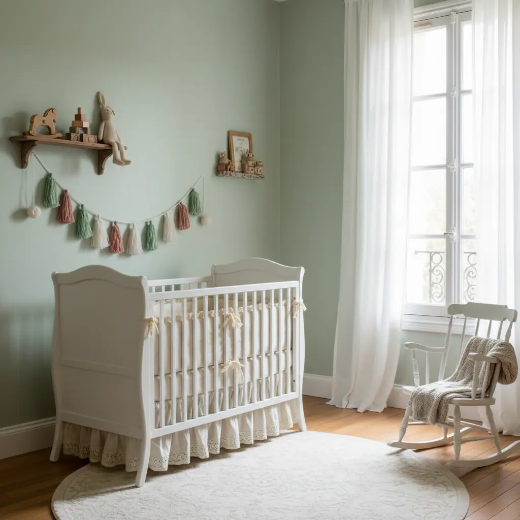 Chambre de bébé décorée dans des tons pastel avec lit à barreaux, mobile et textiles doux