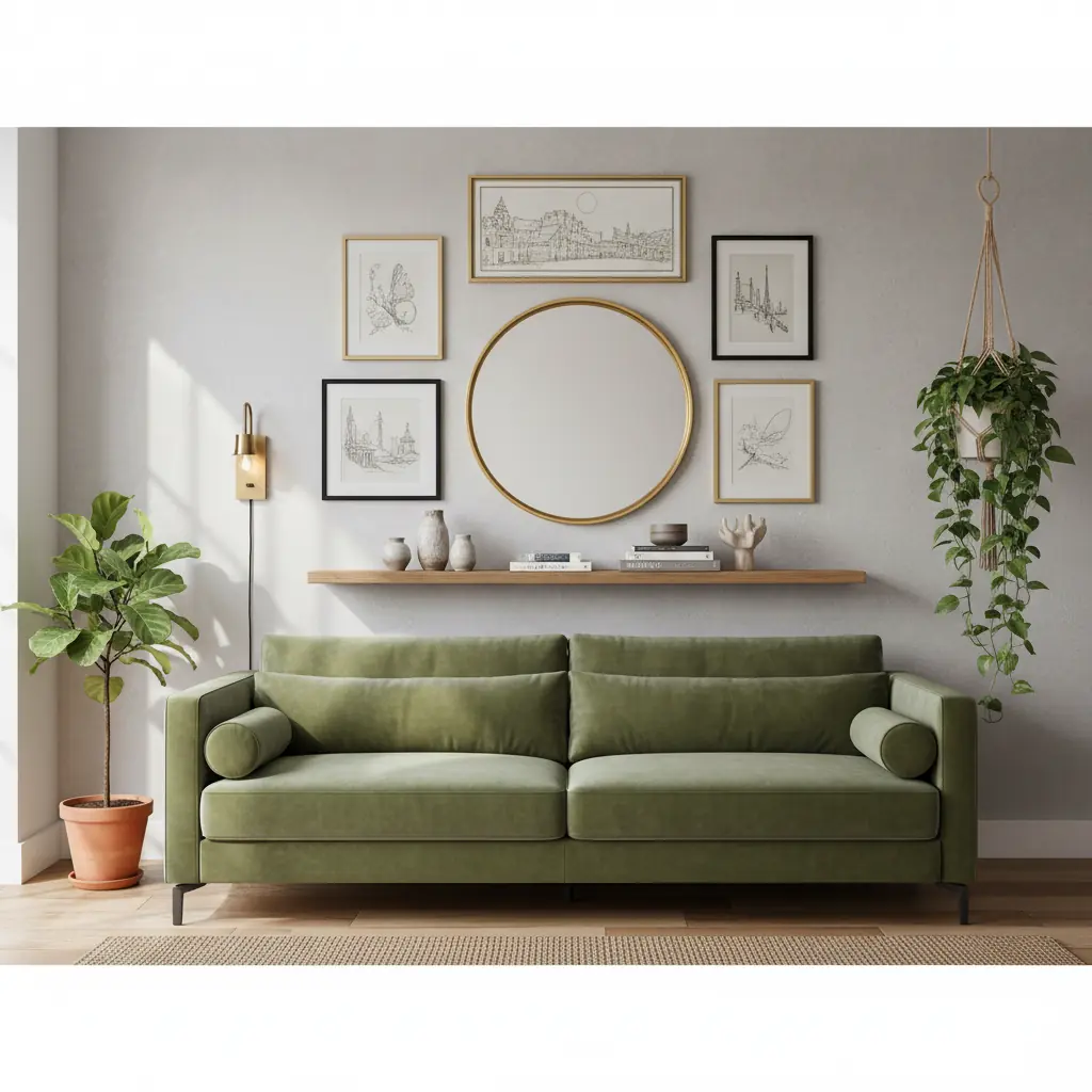 Mur gallery wall avec cadres de différentes tailles au-dessus d'un canapé beige dans un salon lumineux