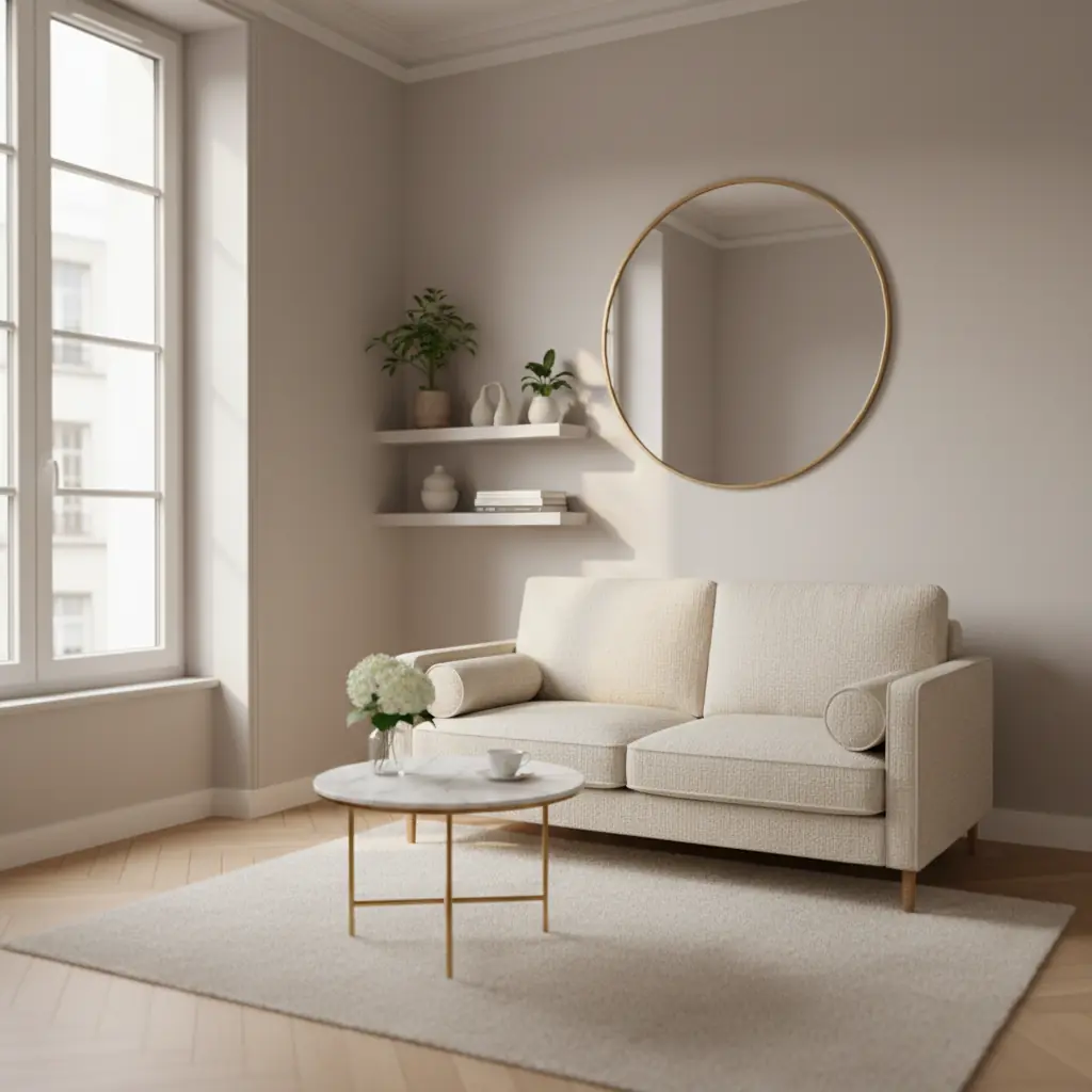 Petit salon lumineux décoré avec un canapé compact, un miroir rond et des rangements muraux