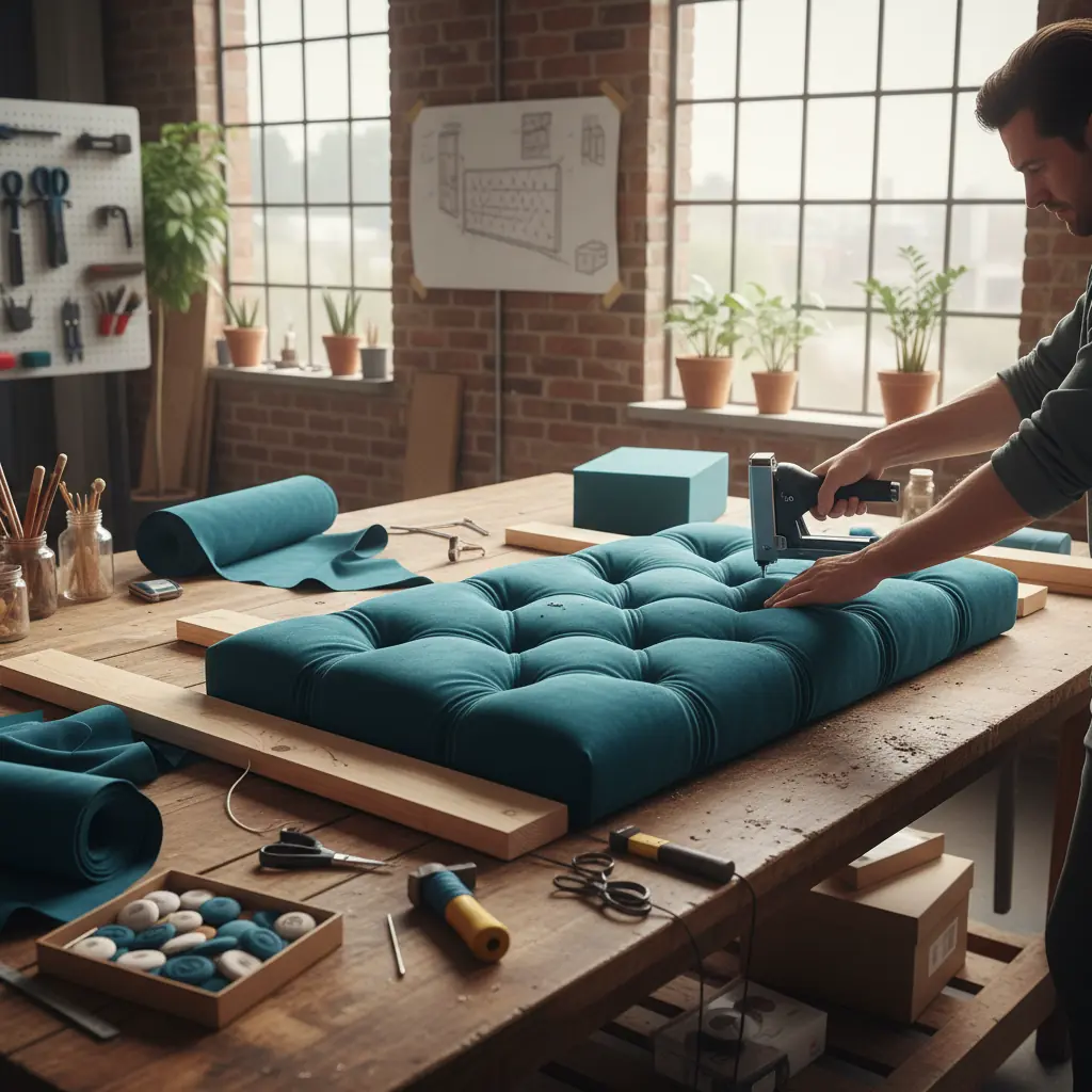 Tête de lit DIY en tasseaux de bois naturel derrière un lit avec linge en lin blanc