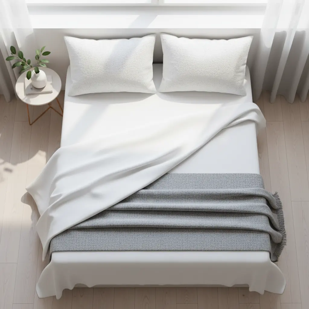 Drap housse en coton blanc ajusté sur un matelas dans une chambre minimaliste