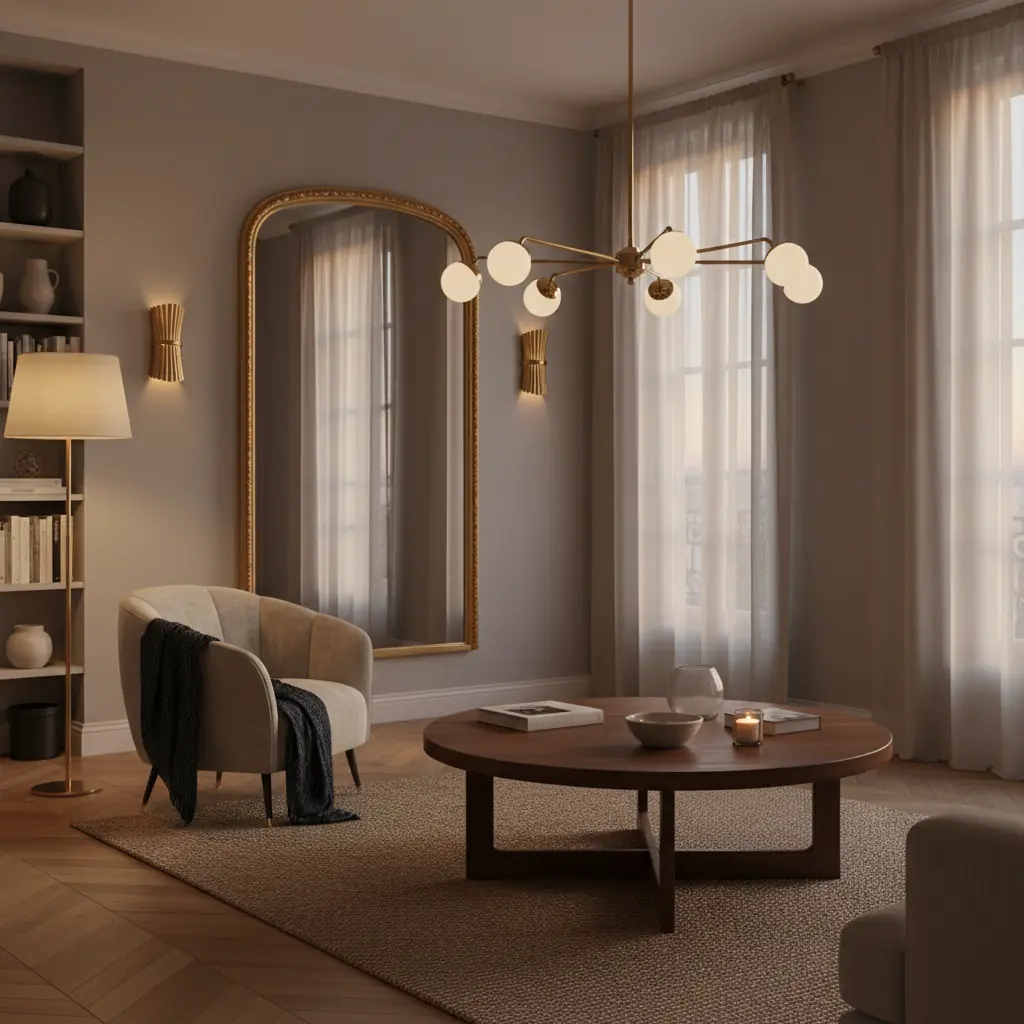 Salon contemporain éclairé par une suspension en rotin, un lampadaire arc et des appliques murales créant une ambiance chaleureuse