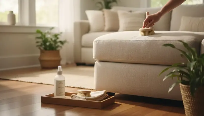 Entretien d'un canapé en tissu avec une brosse douce et des produits adaptés