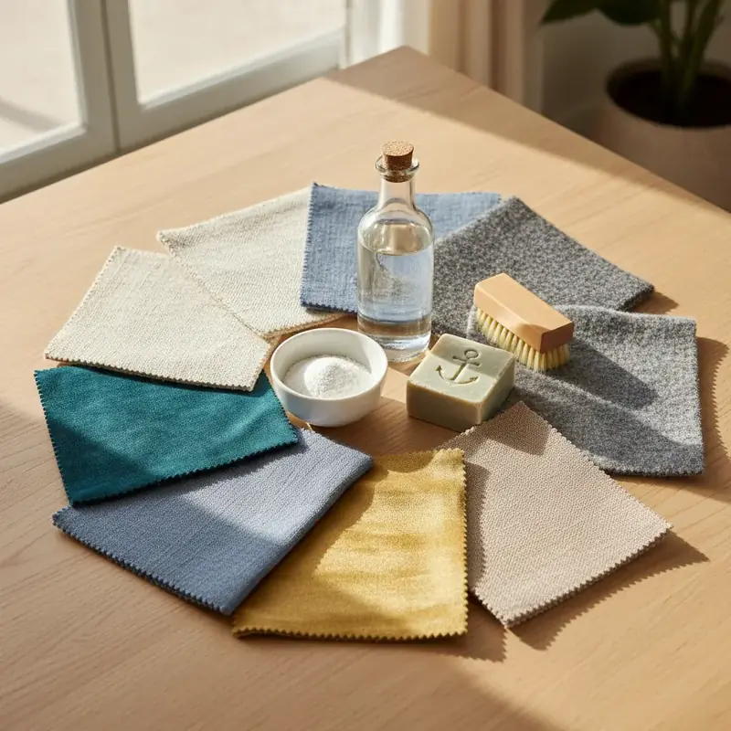 Différents tissus d'ameublement avec produits d'entretien naturels sur un plan de travail en bois