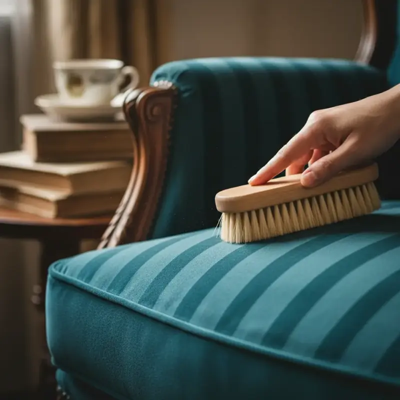 Brossage délicat d'un tissu velours sur un fauteuil avec une brosse à poils doux