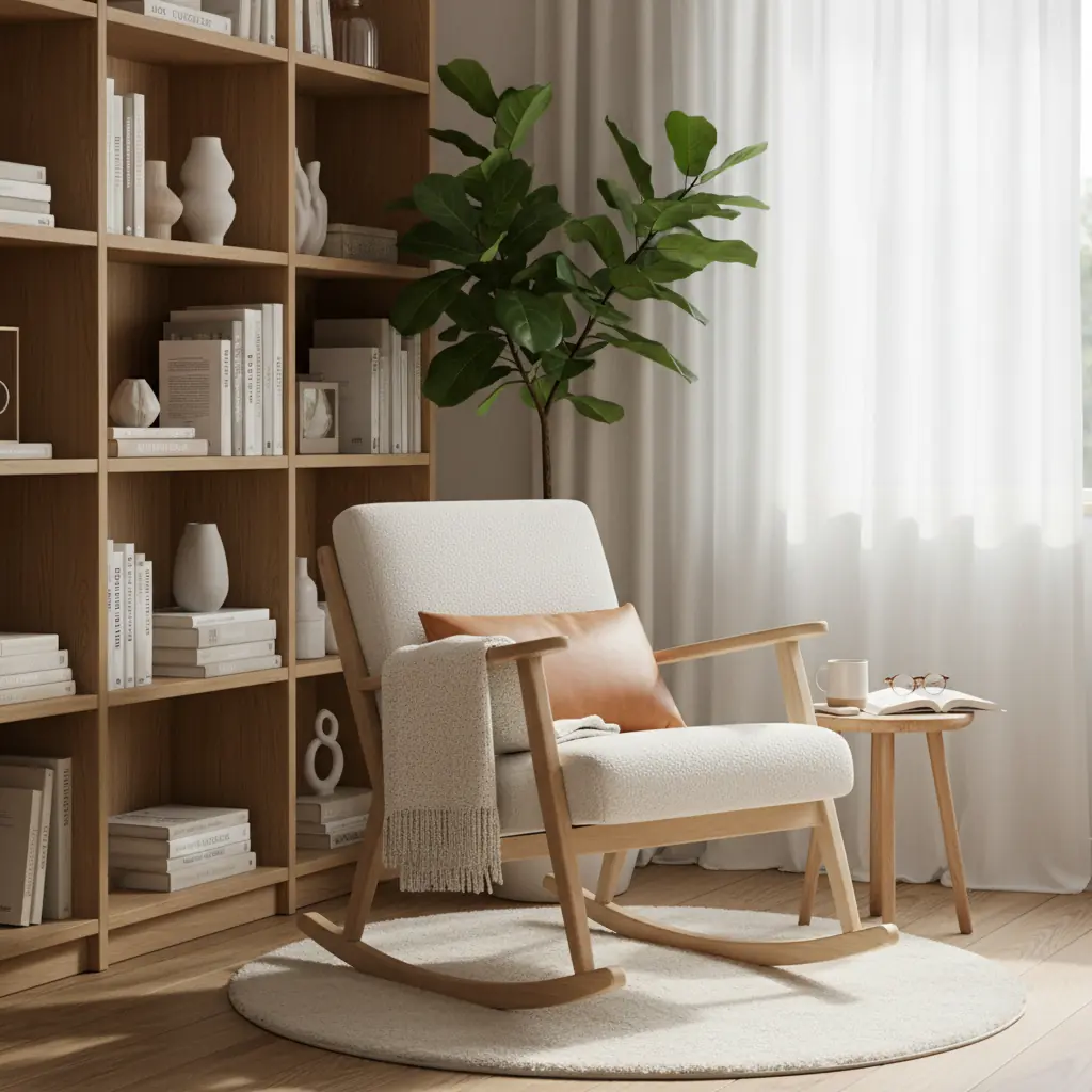 Rocking-chair en bois et tissu gris près d'une fenêtre dans un salon lumineux avec plaid en laine