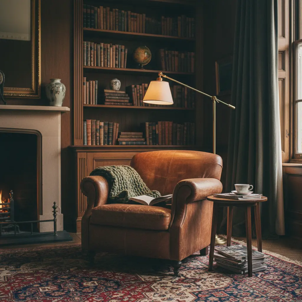 Fauteuil club en cuir brun vieilli dans un salon avec bibliothèque en bois
