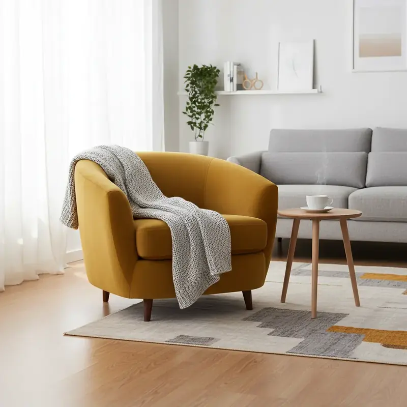 Fauteuil crapaud en velours jaune moutarde dans un salon contemporain lumineux