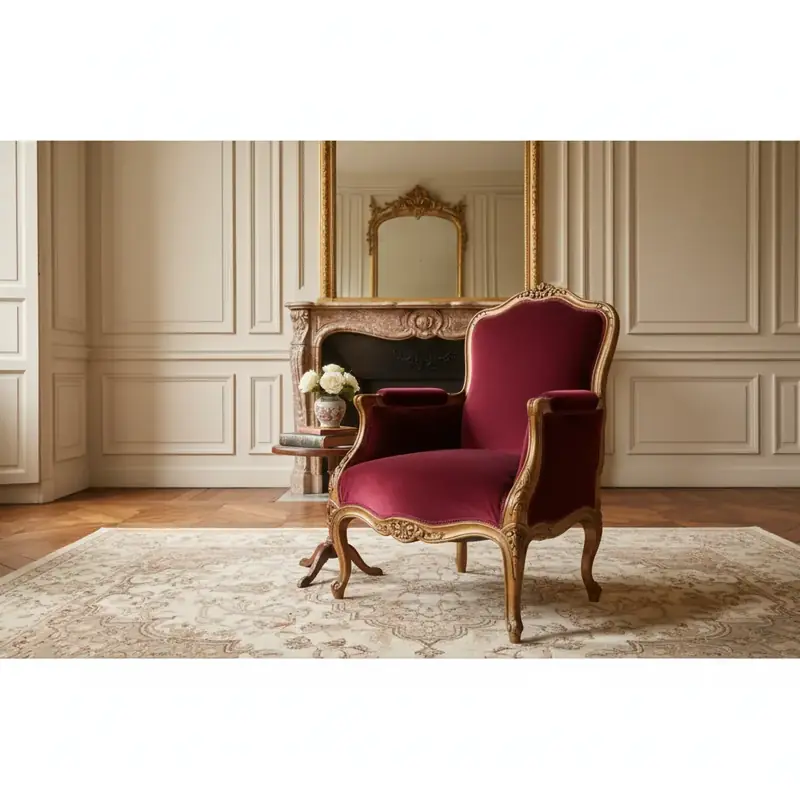 Fauteuil Louis XV en velours bordeaux avec bois doré sculpté dans un intérieur classique français