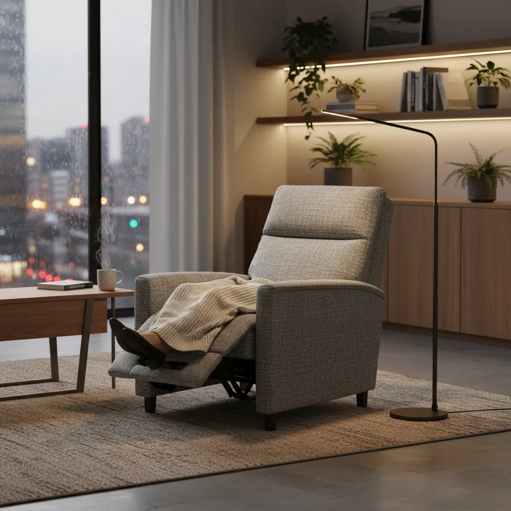 Fauteuil relax en cuir brun incliné en position relaxation dans un salon chaleureux