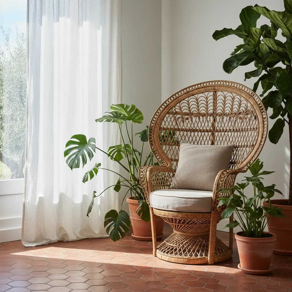 Fauteuil emmanuelle en rotin naturel dans un salon lumineux avec plantes vertes et coussin en lin