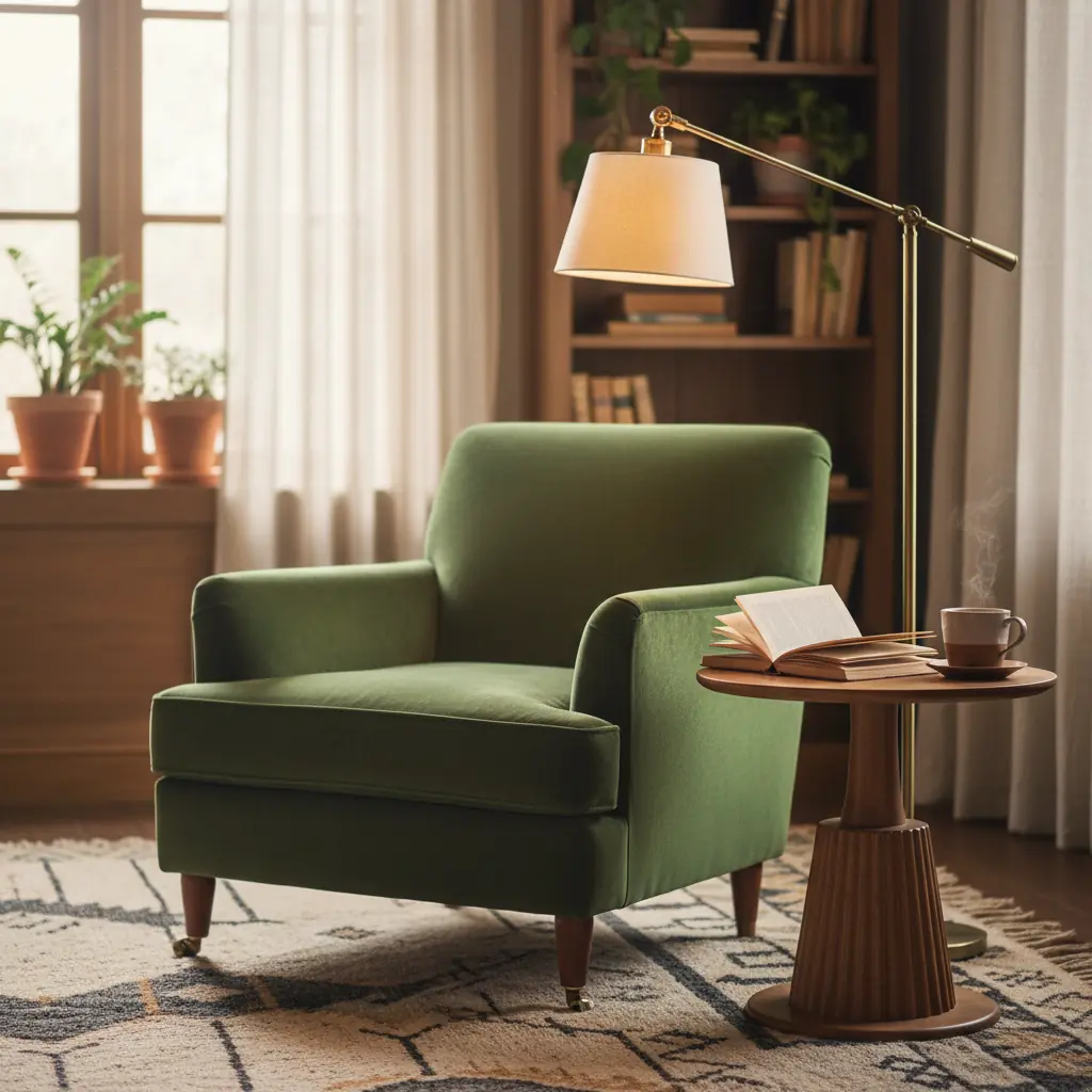 Fauteuil accent en velours terracotta dans un salon lumineux avec coussin décoratif et plaid