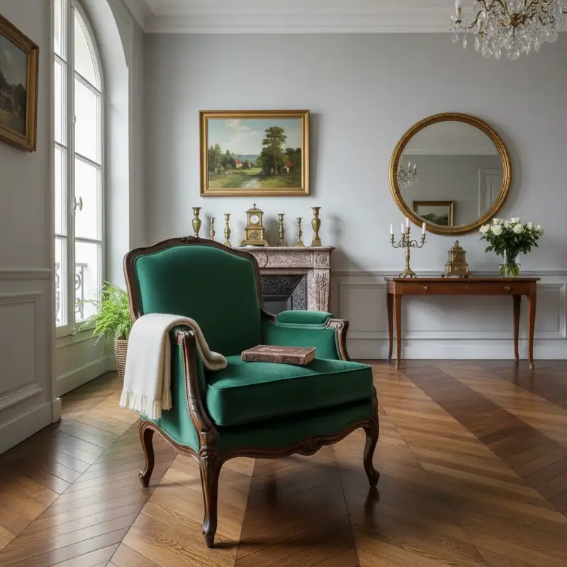 Fauteuil Voltaire recouvert de velours vert émeraude dans un salon parisien avec parquet en chevron