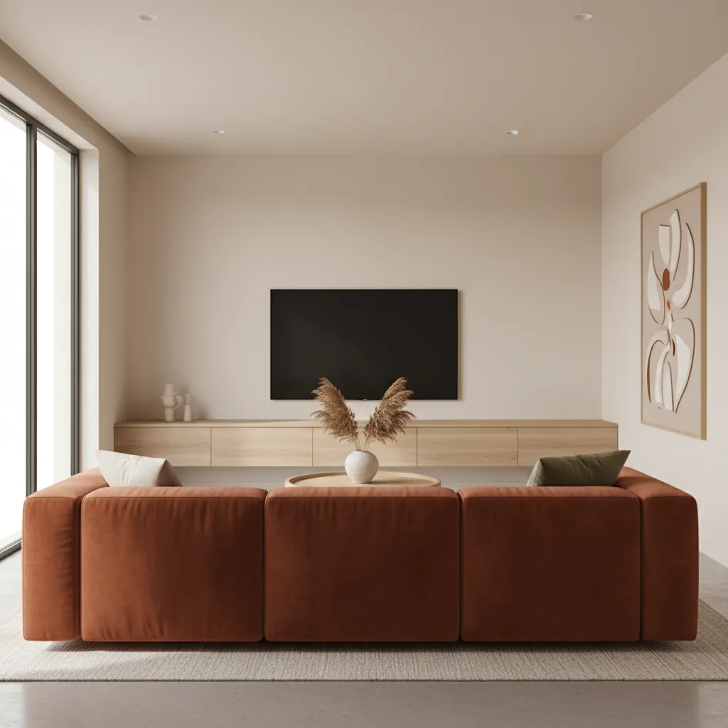 Salon moderne avec meuble TV mural en chêne clair et téléviseur fixé au-dessus, canapé velours terracotta en face