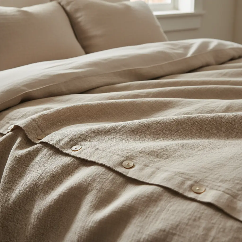 Housse de couette en lin lavé naturel froissé sur un lit en bois clair dans une chambre bohème