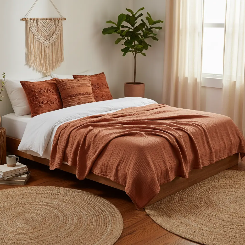Jeté de lit en lin gaufré terracotta posé en travers d'un lit blanc dans une chambre naturelle
