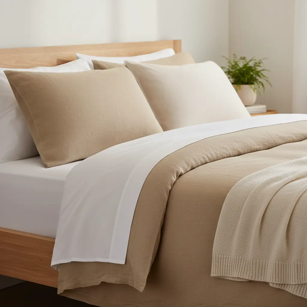 Différentes matières de linge de lit disposées sur un lit : lin froissé, percale lisse et satin brillant