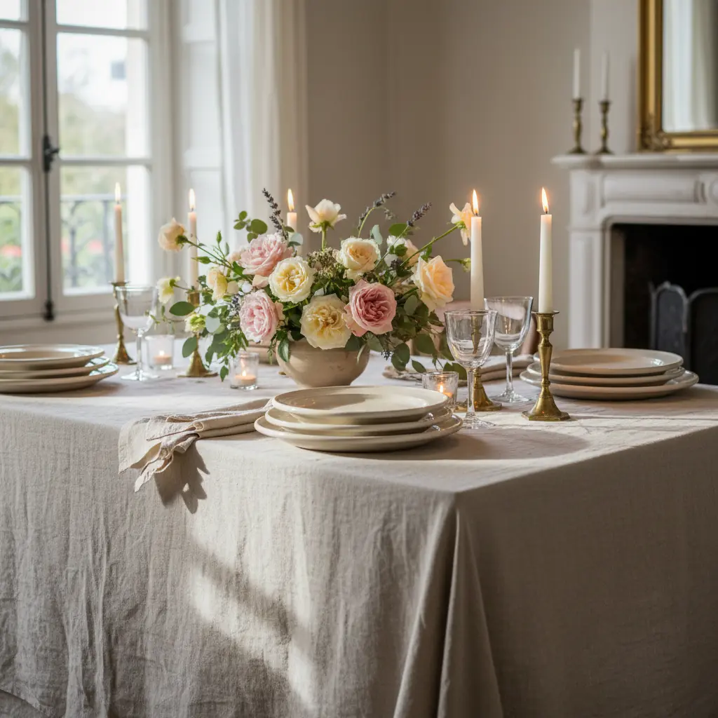 Table élégamment dressée avec nappe en lin, serviettes pliées et chemin de table pour un repas de réception
