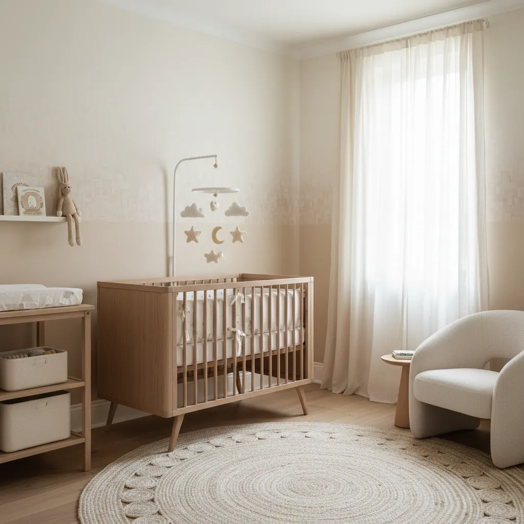 Lit bébé à barreaux en bois clair dans une chambre lumineuse aux tons crème et beige