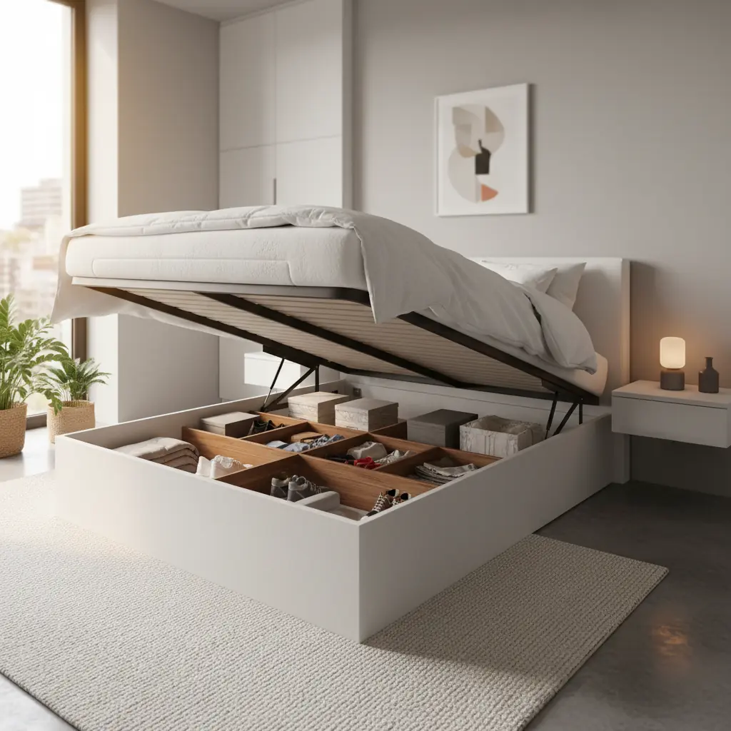 Lit coffre ouvert dévoilant un espace de rangement sous le sommier, dans une chambre lumineuse aux tons neutres