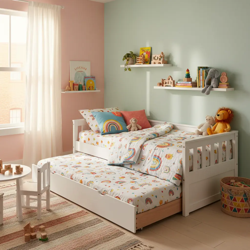 Lit gigogne en bois blanc avec le second lit tiré dans une chambre d'enfant lumineuse